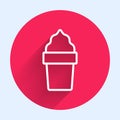 White line Ice cream in waffle cone icon isolated with long shadow. Sweet symbol. Red circle button. Vector Royalty Free Stock Photo