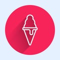 White line Ice cream in waffle cone icon isolated with long shadow. Sweet symbol. Red circle button. Vector Royalty Free Stock Photo