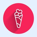 White line Ice cream in waffle cone icon isolated with long shadow. Sweet symbol. Red circle button. Vector Royalty Free Stock Photo