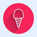 White line Ice cream in waffle cone icon isolated with long shadow. Sweet symbol. Red circle button. Vector Illustration Royalty Free Stock Photo