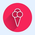 White line Ice cream in waffle cone icon isolated with long shadow. Sweet symbol. Red circle button. Vector Illustration Royalty Free Stock Photo