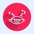 White line Insomnia icon isolated with long shadow. Sleep disorder with capillaries and pupils. Fatigue and stress. Red