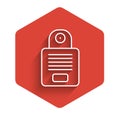 White line Intercom icon isolated with long shadow. Red hexagon button. Vector