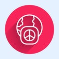 White line International day of peace icon isolated with long shadow. World peace. Red circle button. Vector