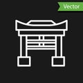 White line Japan Gate icon isolated on black background. Torii gate sign. Japanese traditional classic gate symbol Royalty Free Stock Photo