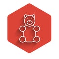 White line Jelly bear candy icon isolated with long shadow. Red hexagon button. Vector