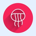 White line Jellyfish icon isolated with long shadow. Red circle button. Vector