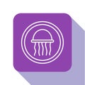 White line Jellyfish on a plate icon isolated on white background. Purple square button. Vector.