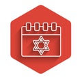 White line Jewish calendar with star of david icon isolated with long shadow. Hanukkah calendar day. Red hexagon button