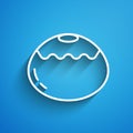 White line Jewish sweet bakery icon isolated on blue background. Hanukkah sufganiyot. Jewish easter cake. Long shadow