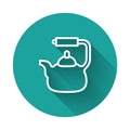 White line Kettle with handle icon isolated with long shadow background. Teapot icon. Green circle button. Vector