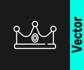 White line King crown icon isolated on black background. Vector Royalty Free Stock Photo