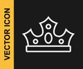 White line King crown icon isolated on black background. Vector Royalty Free Stock Photo