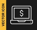 White line Laptop with dollar icon isolated on black background. Sending money around the world, money transfer, online Royalty Free Stock Photo