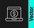 White line Laptop with dollar icon isolated on black background. Sending money around the world, money transfer, online Royalty Free Stock Photo