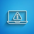 White line Laptop with exclamation mark icon isolated on blue background. Alert message smartphone notification. Long Royalty Free Stock Photo