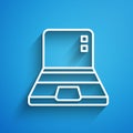 White line Laptop icon isolated on blue background. Computer notebook with empty screen sign. Long shadow. Vector Royalty Free Stock Photo