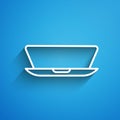 White line Laptop icon isolated on blue background. Computer notebook with empty screen sign. Long shadow. Vector Royalty Free Stock Photo