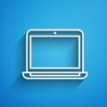 White line Laptop icon isolated on blue background. Computer notebook with empty screen sign. Long shadow Royalty Free Stock Photo