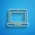 White line Laptop icon isolated on blue background. Computer notebook with empty screen sign. Long shadow. Vector Royalty Free Stock Photo