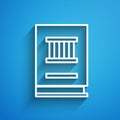 White line Law book icon isolated on blue background. Legal judge book. Judgment concept. Long shadow