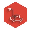 White line Lawn mower icon isolated with long shadow. Lawn mower cutting grass. Red hexagon button. Vector