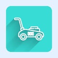 White line Lawn mower icon isolated with long shadow. Lawn mower cutting grass. Green square button. Vector Illustration Royalty Free Stock Photo