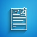 White line Lawsuit paper icon isolated on blue background. Long shadow