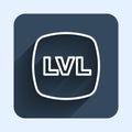 White line Level game icon isolated with long shadow background. Blue square button. Vector