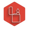 White line Lighter icon isolated with long shadow. Red hexagon button. Vector Illustration. Royalty Free Stock Photo