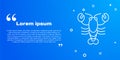 White line Lobster icon isolated on blue background. Vector Royalty Free Stock Photo
