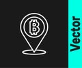 White line Location bitcoin icon isolated on black background. Physical bit coin. Blockchain based secure crypto currency. Vector Royalty Free Stock Photo