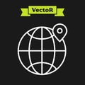 White line Location on the globe icon isolated on black background. World or Earth sign. Vector Illustration Royalty Free Stock Photo