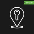 White line Location key icon isolated on black background. The concept of the house turnkey. Vector