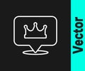 White line Location king crown icon isolated on black background. Vector Royalty Free Stock Photo