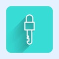 White line Locked key icon isolated with long shadow. Green square button. Vector Illustration