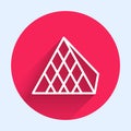 White line Louvre glass pyramid icon isolated with long shadow background. Louvre museum. Red circle button. Vector