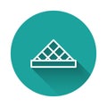 White line Louvre glass pyramid icon isolated with long shadow. Louvre museum. Green circle button. Vector