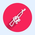 White line M16A1 rifle icon isolated with long shadow. US Army M16 rifle. Red circle button. Vector