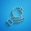 White line Magic ball on hand icon isolated on blue background. Crystal ball. Long shadow Royalty Free Stock Photo