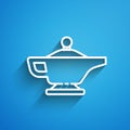 White line Magic lamp or Aladdin lamp icon isolated on blue background. Spiritual lamp for wish. Long shadow Royalty Free Stock Photo