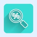 White line Magnifying glass with percent icon isolated with long shadow. Discount offers searching. Search for discount