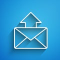 White line Mail and e-mail icon isolated on blue background. Envelope symbol e-mail. Email message sign. Long shadow Royalty Free Stock Photo