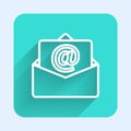 White line Mail and e-mail icon isolated with long shadow. Envelope symbol e-mail. Email message sign. Green square Royalty Free Stock Photo