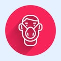 White line Man face in a medical protective mask icon isolated with long shadow. Quarantine. Red circle button. Vector