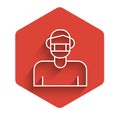 White line Man face in a medical protective mask icon isolated with long shadow. Quarantine. Red hexagon button. Vector