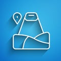 White line Map pointer with mountain icon isolated on blue background. Mountains travel icon. Long shadow. Vector