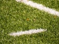 White line marks painted on artificial green turf background. Playfield border. Royalty Free Stock Photo