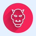 White line Mask of the devil with horns icon isolated with long shadow. Red circle button. Vector Royalty Free Stock Photo