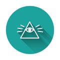 White line Masons symbol All-seeing eye of God icon isolated with long shadow. The eye of Providence in the triangle